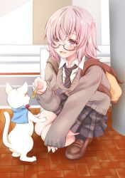 Rule 34 | 1girl, :d, alternate costume, animal, backpack, bad id, bad pixiv id, bag, black-framed eyewear, black necktie, black socks, brown footwear, clothed animal, collared shirt, commentary request, fate/grand order, fate (series), feeding, food, full body, glasses, hair between eyes, holding, holding food, indoors, loafers, looking at another, mash kyrielight, necktie, open mouth, pink eyes, pink hair, school uniform, sheepd, shirt, shoes, smile, socks, solo, squatting, sweater, white shirt