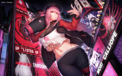 Rule 34 | 1girl, absurdres, artist name, black pants, boombox, breasts, building, from below, highres, hololive, hololive english, jacket, jewelry, large breasts, long hair, midriff, mori calliope, mori calliope (streetwear), nail polish, navel, necklace, night, pants, pink hair, red eyes, skull and crossbones, skyscraper, solo, tama yu, thigh gap, virtual youtuber