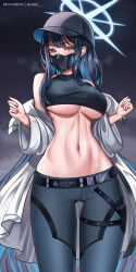 Rule 34 | 1girl, bare shoulders, belt, black belt, black shirt, blue archive, blue eyes, blue hair, blue pants, coat, commentary request, cowboy shot, crop top, highres, leggings, long hair, long sleeves, looking at viewer, mask, midriff, mouth mask, navel, off shoulder, open clothes, open coat, pants, saori (blue archive), shirt, sleeveless, sleeveless shirt, solo, standing, stomach, thighs, very long hair, white coat, wonnikon