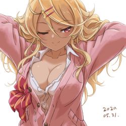 Rule 34 | 1girl, amaryllis gumi, arms behind head, blonde hair, breasts, cleavage, closed mouth, collarbone, collared shirt, dark-skinned female, dark skin, dated, earrings, gagame, hair ornament, hairclip, highres, jewelry, large breasts, long hair, long sleeves, messy hair, one eye closed, ouga saki, partially unbuttoned, pink sweater, shirt, simple background, smile, solo, sweater, upper body, virtual youtuber, white background, white shirt