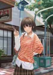 Rule 34 | 1girl, absurdres, arm behind back, bag, blurry, blurry background, bob cut, brown eyes, brown hair, cigarette, collared shirt, cowboy shot, gaai, hand up, highres, holding, holding cigarette, layered clothes, long sleeves, looking at viewer, original, outdoors, parted lips, plaid, plaid skirt, road, road sign, shirt, short hair, shoulder bag, sidewalk, sign, skirt, smoke, smoking, solo, standing, street, striped clothes, striped shirt