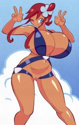 Rule 34 | 1girl, angstrom, blue eyes, breasts, cloud, creatures (company), double w, game freak, gym leader, highres, huge breasts, looking at viewer, navel, nintendo, one eye closed, pokemon, pokemon bw, red hair, sky, skyla (pokemon), smile, solo, standing, w