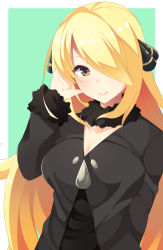 Rule 34 | 1girl, bad id, bad pixiv id, black coat, blonde hair, blush, breasts, cleavage, closed mouth, coat, commentary request, creatures (company), cynthia (pokemon), eyelashes, fur-trimmed coat, fur collar, fur trim, game freak, green background, hair ornament, hair over one eye, hand up, light blush, long hair, long sleeves, mituyota 76, nintendo, pokemon, pokemon dppt, smile, solo, two-tone background