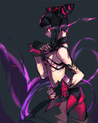 Rule 34 | 1girl, bad id, bad pixiv id, bare shoulders, black hair, breasts, capcom, chinese clothes, drill hair, dudou, empew, eye trail, fingerless gloves, from side, gloves, glowing, glowing eye, halterneck, han juri, light trail, medium breasts, nail polish, pink nails, profile, sideboob, solo, spikes, street fighter, street fighter iv (series), tattoo, twin drills