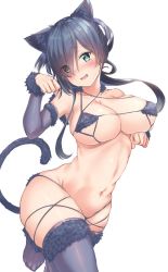 Rule 34 | 1girl, animal ears, arm warmers, bare shoulders, black hair, black thighhighs, blush, breast hold, breasts, cat ears, cat tail, character request, commentary request, copyright request, fang, fur trim, hand up, head tilt, large breasts, long hair, looking at viewer, mole, mole under eye, navel, no shoes, nose blush, paw pose, revealing clothes, smile, solo, stomach, tail, thighhighs, wide hips, yukishiro arte