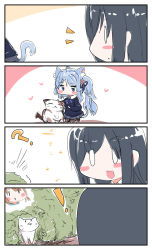 Rule 34 | !, 0 0, 3girls, 4koma, :d, ?, animal, animal ear fluff, animal ears, asashio (azur lane), asashio (kancolle), asashio (the transfer student underneath the dancing petals) (azur lane), azur lane, batsubyou, black hair, blue eyes, blue hair, blue ribbon, blue skirt, blue sweater, blush stickers, braid, brown legwear, bush, cat, cat ears, cat girl, cat tail, collared shirt, comic, commentary request, crossover, error musume, flower, girl holding a cat (kancolle), hair flower, hair ornament, hair ribbon, hairclip, heart, highres, historical name connection, kantai collection, kneeling, light brown hair, long hair, multiple girls, name connection, open mouth, pantyhose, petting, pleated skirt, red flower, ribbon, school uniform, shirt, silent comic, skirt, smile, sweater, tail, v-shaped eyebrows, very long hair, white shirt, yagami kamiya