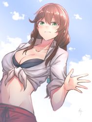 Rule 34 | 1girl, bad id, bad pixiv id, bikini, bikini under clothes, black bikini, blue sky, breasts, brown hair, cleavage, cloud, collarbone, commentary request, day, green eyes, hair between eyes, highres, kantai collection, knt02142769, large breasts, light blush, looking at viewer, midriff, navel, noshiro (kancolle), outdoors, red shorts, shirt, shorts, sky, solo, swimsuit, tied shirt, waving, white shirt