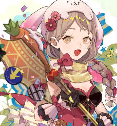 Rule 34 | 1girl, animal hat, axe, bow, braid, breasts, brown eyes, brown hair, cleavage, easter, fire emblem, fire emblem engage, fire emblem heroes, flower, framme (fire emblem), framme (spring) (fire emblem), gloves, hair flower, hair ornament, hat, highres, holding, holding weapon, looking at viewer, nintendo, open mouth, rabbit hat, scarf, small breasts, smile, solo, upper body, weapon, yachimata 1205