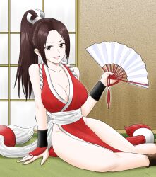 Rule 34 | 1girl, bare shoulders, breasts, brown eyes, brown hair, cleavage, fatal fury, feet out of frame, hand fan, hand on floor, harukai-i, high ponytail, highres, holding, holding fan, indoors, large breasts, loincloth, looking at viewer, ninja, pelvic curtain, shiranui mai, sitting, smile, snk, solo, the king of fighters, thighs