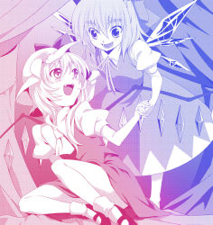 Rule 34 | 2girls, bare legs, bow, cirno, eye contact, fangs, flandre scarlet, hand golding, hat, holding hands, looking at another, multiple girls, ripton sabo, riputon (lipton sabou), short hair, sitting, slit pupils, smile, touhou, wings