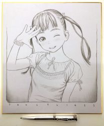 Rule 34 | 1girl, absurdres, art tools in frame, border, bracelet, camisole, english text, floating hair, greyscale, hair ornament, hand up, highres, jewelry, long hair, looking at viewer, mechanical pencil, monochrome, murata range, one eye closed, original, parted lips, pencil, rabbit hair ornament, ribbon, salute, shikishi, shirt, short sleeves, smile, solo, traditional media, twintails, upper body