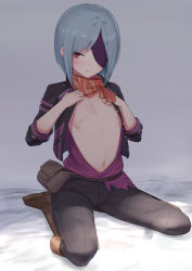 Rule 34 | 10s, 1girl, bad anatomy, blue hair, breasts, eyepatch, gina dickinson, god eater, highres, long hair, mob3, navel, nipples, open clothes, open shirt, red eyes, scarf, shirt, sitting, small breasts, solo, wariza