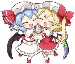 Rule 34 | ascot, bat wings, blonde hair, blue hair, blush, bow, cheek-to-cheek, closed eyes, commentary request, crystal, flandre scarlet, frilled shirt collar, frilled skirt, frills, full body, hat, hat bow, hat ribbon, heads together, holding hands, mary janes, mob cap, open mouth, pointy ears, puffy short sleeves, puffy sleeves, red bow, red footwear, red skirt, red vest, remilia scarlet, ribbon, shoes, short hair, short sleeves, siblings, side ponytail, simple background, sisters, skirt, suwa yasai, touhou, vest, white background, wings, wrist cuffs, yellow ascot