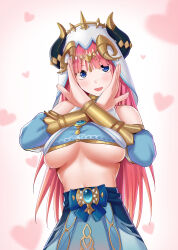 Rule 34 | 1girl, :d, absurdres, bare shoulders, blue eyes, blue skirt, blunt bangs, blush, breasts, breasts squeezed together, brooch, cosplay, crop top, crossed arms, detached sleeves, fake horns, gauntlets, genshin impact, go-toubun no hanayome, heart, highres, hime cut, horned headwear, horns, jewelry, kosmos beta, large breasts, long hair, looking at viewer, midriff, multicolored nails, nail polish, nakano nino, navel, nilou (genshin impact), nilou (genshin impact) (cosplay), open mouth, pink hair, sidelocks, simple background, skirt, smile, underboob, veil