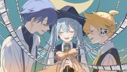 Rule 34 | aky ami, alternate costume, blonde hair, blouse, blue hair, closed eyes, film reel, happy end (vocaloid), hat, hatsune miku, highres, kagamine len, kaito (vocaloid), long hair, microphone, music, open mouth, ribbon, shirt, side-by-side, singing, smile, twintails, very long hair, vocaloid, white shirt