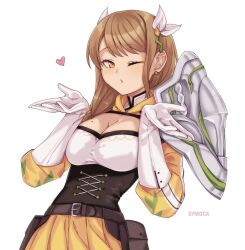 Rule 34 | 1girl, black corset, blowing kiss, braid, braided ponytail, breasts, brown eyes, brown hair, corset, fire emblem, fire emblem engage, goldmary (fire emblem), heart, highres, hooded top, large breasts, low ponytail, mole, mole on breast, nintendo, ribbon, single shoulder pad, symoca, white ribbon