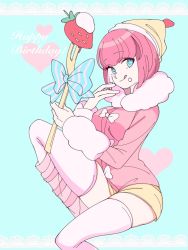 Rule 34 | 1girl, :q, ando ruruka, blue background, blue eyes, blunt bangs, boots, bow, breasts, commentary request, danganronpa (series), danganronpa 3 (anime), food, fork, fruit, fur-trimmed jacket, fur trim, happy birthday, hat, heart, holding, holding fork, jacket, knee boots, knee up, long sleeves, looking at viewer, medium breasts, oversized food, oversized object, pink background, pink hair, short hair, short shorts, shorts, sitting, skindentation, smile, solo, strawberry, striped clothes, striped thighhighs, thighhighs, tongue, tongue out, white bow, yoshi taka (y 04taka)