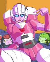 Rule 34 | 1girl, absurdres, arcee, autobot, backpack, bag, bed, blue eyes, dumbdelvon, highres, humanoid robot, mechanical parts, red lips, robot, solo, stuffed toy, thighs, transformers, transformers: generation 1, v