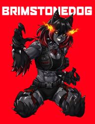 Rule 34 | 1girl, abs, absurdres, animal ears, black hair, black sclera, bracelet, breasts, claws, cleavage, collar, colored sclera, commission, ear piercing, earrings, facial scar, fire, flaming eyes, fur, hellhound (monster girl encyclopedia), highres, jewelry, large breasts, midriff, monster girl, monster girl encyclopedia, monster girl encyclopedia ii, multicolored hair, muscular, muscular female, navel, navel piercing, original, pentagram, piercing, red background, red hair, scar, scar across eye, scar on abs, scar on cheek, scar on face, scar on nose, scar on stomach, sgt crisis, short hair, simple background, spiked bracelet, spiked collar, spikes, thong, two-tone hair, virtual youtuber, yellow eyes