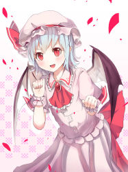 Rule 34 | 1girl, ascot, bat wings, blue hair, brooch, culter, dress, fang, hat, hat ribbon, highres, jewelry, mob cap, open mouth, paw pose, petals, pink dress, pointy ears, puffy short sleeves, puffy sleeves, red eyes, remilia scarlet, ribbon, short sleeves, slit pupils, smile, solo, touhou, wings, wrist cuffs
