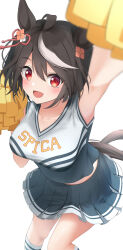 Rule 34 | 1girl, :d, absurdres, ahoge, alternate costume, animal ears, arm up, armpits, bare shoulders, black hair, black shirt, black skirt, blurry, breasts, cheerleader, collarbone, commentary request, depth of field, foreshortening, hair between eyes, hair ornament, highres, holding, holding pom poms, horse ears, horse girl, horse tail, kitasan black (umamusume), large breasts, looking at viewer, midriff, miniskirt, multicolored hair, multicolored shirt, open mouth, partial commentary, pleated skirt, pom pom (cheerleading), pom poms, print shirt, red eyes, rope, shimenawa, shirt, short hair, simple background, skirt, sleeveless, sleeveless shirt, smile, socks, solo, streaked hair, tail, thighs, two-tone hair, two side up, uine (bobhairshuki), umamusume, umapyoi (phrase), white background, white hair, white socks
