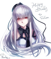 Rule 34 | 1girl, bad id, bad pixiv id, bare shoulders, birthday, blunt bangs, borrowed character, detached collar, english text, garrison cap, happy birthday, hat, hat ribbon, looking at viewer, necktie, pixiv fantasia, pixiv fantasia 5, red eyes, ribbon, shaded face, silver hair, skade, sleeveless, smile, solo