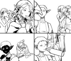 Rule 34 | 4boys, 6+girls, ankle lace-up, arm tattoo, blunt ends, bottle, bracelet, braid, braided ponytail elf (dungeon meshi), brothers, candy, cithis, cloak, couple, cross-laced footwear, dark-skinned female, dark skin, drinking, dungeon meshi, ear piercing, earrings, eating, elf, faceless, faceless female, faceless male, flamela, flat chest, fleki, food, french braid, fruit, gorget, greyscale, hair over shoulder, half updo, halterneck, hand up, helki (dungeon meshi), hetero, highres, holding, holding bottle, hood, hood down, hooded cloak, jewelry, kiss, long hair, looking ahead, lycion, meme request, milsiril (dungeon meshi), mithrun, mithrun&#039;s brother, monochrome, multiple boys, multiple girls, notched ear, one eye covered, otta (dungeon meshi), pattadol, piercing, pointy ears, ponytail, salutongis, short hair, siblings, sidelocks, simple background, sitting, sleeveless, strawberry, tattoo, third wheel, topless male, unamused, uniform, very short hair, wariza, yuri