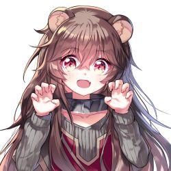 Rule 34 | 1girl, :d, animal ear fluff, animal ears, black collar, blush, brown hair, claw pose, collar, collarbone, commentary request, dress, fang, fingernails, grey sweater, hair between eyes, long hair, mechuragi, open mouth, raccoon ears, raccoon girl, raphtalia, red dress, red eyes, ribbed sweater, simple background, smile, solo, sweater, tate no yuusha no nariagari, upper body, white background