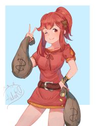 Rule 34 | absurdres, aidenr0, anna (fire emblem), bear hair ornament, belt, coin, fire emblem, fire emblem heroes, hair ornament, highres, money, moneybag, nintendo, one eye closed, red eyes, red hair, red shirt, red tunic, shirt, thighs, tunic, v, wink