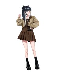 Rule 34 | 1girl, black bow, black eyes, black footwear, black hair, bow, brown jacket, brown necktie, brown skirt, closed mouth, collared shirt, hair bow, hand on own hip, hand up, high-waist skirt, highres, himmel (allsky83), jacket, long hair, long sleeves, necktie, open clothes, open jacket, original, ponytail, puffy long sleeves, puffy sleeves, shirt, shirt tucked in, shoes, skirt, smile, solo, white shirt