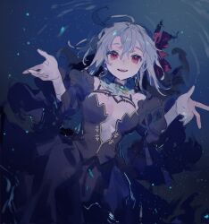 Rule 34 | 1girl, afloat, ahoge, arms up, bacheally, bare shoulders, black dress, breasts, detached collar, detached sleeves, dress, earrings, grey hair, hair between eyes, hands up, highres, jewelry, long sleeves, looking at viewer, lying, lying on water, medium breasts, night, open mouth, original, partially submerged, red eyes, ribbon, short hair, sketch, sleeve rolled up, smile, solo, teeth, upper body, water
