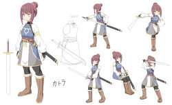 Rule 34 | 1girl, boots, brown hair, cup, fighting stance, hair bun, highres, md5 mismatch, multiple views, original, pantyhose, resolution mismatch, running, simple background, single hair bun, sitting, sketch, skirt, source smaller, standing, steam, sword, weapon, white background, yatani (do9z)