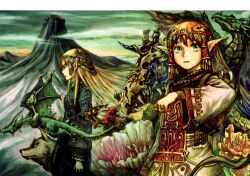 Rule 34 | 2girls, abe yoshitoshi, absurdres, blonde hair, blue eyes, brown hair, closed mouth, cloud, dragon, dress, elf, fantasy, flower, green eyes, green sky, hair tubes, headpiece, highres, jewelry, long hair, looking at viewer, mountain, multiple girls, non-web source, original, pointy ears, profile, scan, sky, standing, wolf, yellow flower