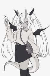 Rule 34 | 1girl, absurdres, bag, belt, black sclera, bow, colored sclera, demon girl, emoji, greyscale, hair between eyes, hair bow, highres, holding, horns, long hair, long sleeves, looking at viewer, milim nova, miniskirt, monochrome, monster girl, original, parted lips, pointy ears, pringles, shoulder bag, simple background, skin-covered horns, skirt, solo, sweater, tail, thighhighs, thinking emoji, twintails, very long hair, white background, wings