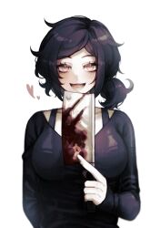 Rule 34 | 1girl, absurdres, arm behind back, ashley graves, black hair, black shirt, blood, bloody knife, breasts, cleaver, heart, highres, knife, ko jira, large breasts, open mouth, shirt, solo, the coffin of andy and leyley, white background