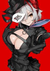 Rule 34 | + +, 1girl, absurdres, ambience synesthesia, antennae, arknights, black gloves, black headwear, black shirt, breasts, cleavage, demon horns, elbow gloves, foreshortening, gloves, grey hair, highres, horns, kajuu, large breasts, looking at viewer, mask, official alternate costume, red background, shirt, short hair, simple background, solo, upper body, w (arknights), w (wanted) (arknights), yellow eyes