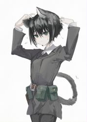 Rule 34 | 1girl, adjusting hair, androgynous, animal ear fluff, animal ears, belt, belt buckle, belt pouch, black hair, black jacket, black pants, breasts, bright pupils, brown belt, buckle, cat, cat ears, cat tail, closed mouth, collared shirt, commentary, confused, cowboy shot, dress shirt, expressionless, flying sweatdrops, green eyes, hair between eyes, hands up, jacket, kemonomimi mode, kino (kino no tabi), kino no tabi, long sleeves, pants, pouch, raised eyebrows, shirt, short hair, simple background, small breasts, solo, standing, sweatdrop, tail, tomboy, very short hair, white background, white shirt, ydpfa