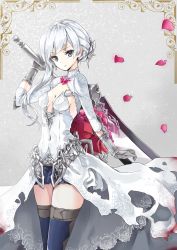 Rule 34 | 1girl, asymmetrical hair, blue skirt, blue thighhighs, closed mouth, covered navel, dress, gloves, grey gloves, grey hair, highres, holding, holding sword, holding weapon, long hair, looking at viewer, miniskirt, petals, pleated skirt, shironeko yuuki, sinoalice, skirt, snow white (sinoalice), solo, sword, thighhighs, thighs, weapon, white dress
