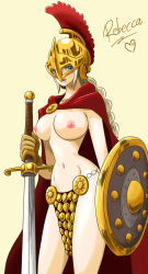 Rule 34 | 1girl, alternate hair color, armor, bikini armor, blonde hair, blue eyes, breasts, cape, character name, gladiator, gloves, heart, helmet, highres, large breasts, long hair, navel, nipples, one piece, pelvic curtain, rebecca (one piece), revealing clothes, shield, simple background, solo, sword, topless, warrior, weapon, whitehe-arts