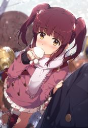 Rule 34 | 10s, 1girl, bag, blurry, blush, brown eyes, brown hair, buttons, coat, commentary request, covering own mouth, day, depth of field, double-breasted, from above, gloves, hand over own mouth, idolmaster, idolmaster cinderella girls, looking at viewer, looking up, nose blush, ogata chieri, ogipote, outdoors, pleated skirt, scarf, shoes, short hair, sidelocks, skirt, solo focus, twintails, winter clothes, winter coat