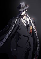 Rule 34 | 1boy, arms at sides, black jacket, black necktie, black pants, black skirt, blood, blood on clothes, cape, collared shirt, cp0, fedora, formal, gloves, hat, jacket, long sleeves, male focus, mask, necktie, one piece, pants, raine (acke2445), shirt, skirt, solo, suit, suit jacket, white shirt, wing collar