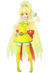 Rule 34 | 1girl, :d, belt, blonde hair, bow, bracelet, c.c. lemon, c.c. lemon (character), dress, full body, green eyes, green footwear, hair between eyes, hand on own hip, high ponytail, highres, jewelry, konishi (koconatu), long hair, looking at viewer, open mouth, ponytail, red bow, shoes, simple background, sleeveless, sleeveless dress, smile, solo, standing, star (symbol), thighhighs, very long hair, white background, yellow dress, yellow theme, yellow thighhighs, zettai ryouiki