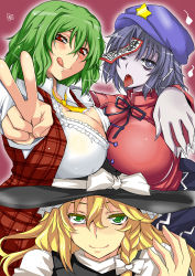 Rule 34 | 3girls, :q, annoyed, aoi manabu, ascot, blonde hair, blue eyes, blue hair, braid, breast rest, breasts, breasts on head, cleavage, fang, female focus, green eyes, green hair, hat, huge breasts, jiangshi, kazami yuuka, kirisame marisa, long hair, miyako yoshika, multiple girls, ofuda, outstretched arms, plaid, plaid skirt, plaid vest, red eyes, shaded face, short hair, side braid, signature, skirt, skirt set, tongue, tongue out, touhou, v, vest, witch hat, zombie pose
