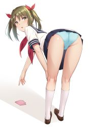 Rule 34 | 1girl, ass, bad id, bad twitter id, bent over, blue panties, blue sailor collar, blue skirt, blush, bow, brown eyes, brown hair, commentary request, hair bow, hand on own knee, hip focus, idolmaster, idolmaster cinderella girls, imai kana, legs, loafers, looking at viewer, looking back, open mouth, panties, pleated skirt, red bow, red neckwear, sailor collar, school uniform, shadow, shoes, simple background, skirt, socks, solo, thighs, twintails, umihotaru harumare, underwear, white background, white socks