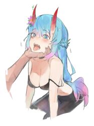 Rule 34 | 1girl, 1other, absurdres, bare shoulders, black bra, black pants, blue eyes, blue hair, blush, borrowed character, bra, braid, breasts, cleavage, cropped legs, fangs, grabbing another&#039;s chin, gradient hair, hand on another&#039;s chin, highres, horns, long hair, looking at viewer, lucadark art, medium breasts, motion lines, multicolored hair, open mouth, original, pants, strap slip, tongue, tongue out, underwear, white background