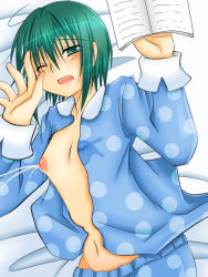 Rule 34 | 00s, 1girl, bed, blush, book, breasts, female focus, gradient background, green eyes, green hair, kino (kino no tabi), kino no tabi, kirise, lactation, lying, matching hair/eyes, nipples, open clothes, pajamas, small breasts, solo, tears, white background