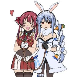 Rule 34 | 2girls, animal ear fluff, animal ears, bad id, bad twitter id, bare shoulders, blue hair, bound, bound wrists, braid, buttons, carrot hair ornament, food-themed hair ornament, gloves, gold trim, hair ornament, hair ribbon, highres, hololive, homura (hmr0222), houshou marine, jacket, long hair, looking at viewer, multicolored hair, multiple girls, open mouth, pantyhose, rabbit ears, rabbit girl, red eyes, red hair, red jacket, ribbon, rope, sleeveless, sleeveless jacket, smile, thighhighs, twin braids, twintails, two-tone hair, usada pekora, usada pekora (1st costume), virtual youtuber, white hair