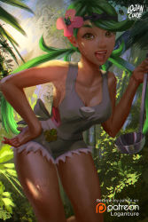 Rule 34 | 1girl, backlighting, bare arms, bare shoulders, breasts, cleavage, cowboy shot, creatures (company), cutoff overalls, dark-skinned female, dark skin, facing viewer, flower, game freak, green hair, hair flower, hair ornament, hand on own hip, highres, jungle, ladle, logan cure, long hair, looking at viewer, mallow (pokemon), nature, nintendo, outdoors, overall cutoffs, pokemon, pokemon sm, solo, standing, tagme