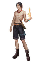 Rule 34 | 1boy, abs, arm at side, bead necklace, beads, belt, belt pouch, black hair, black shorts, boots, brown footwear, buckle, character name, closed mouth, fire, full body, jewelry, kdash, knife, male focus, navel, necklace, nipples, one piece, pectorals, pocket, portgas d. ace, pouch, realistic, scabbard, sheath, shorts, smile, solo, standing, stomach, tattoo, thigh strap, topless male, wrist cuffs