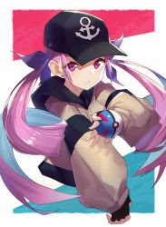 Rule 34 | 1girl, anchor symbol, colored inner hair, creatures (company), drill hair, earrings, fingerless gloves, game freak, gloves, great ball, hair ribbon, hat, highres, hitokuchii, holding, holding poke ball, hololive, jacket, jewelry, long hair, looking at viewer, minato aqua, multicolored hair, nail polish, nintendo, poke ball, pokemon, portrait, purple eyes, purple hair, ribbon, serious, simple background, solo, twin drills, two-tone hair, virtual youtuber